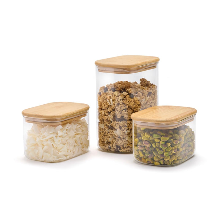 QULINART 3er-Set 1 l + 1 l + 2 l Borosilikatglasgläser mit luftdichtem Bambusdeckel, wiederverwendba