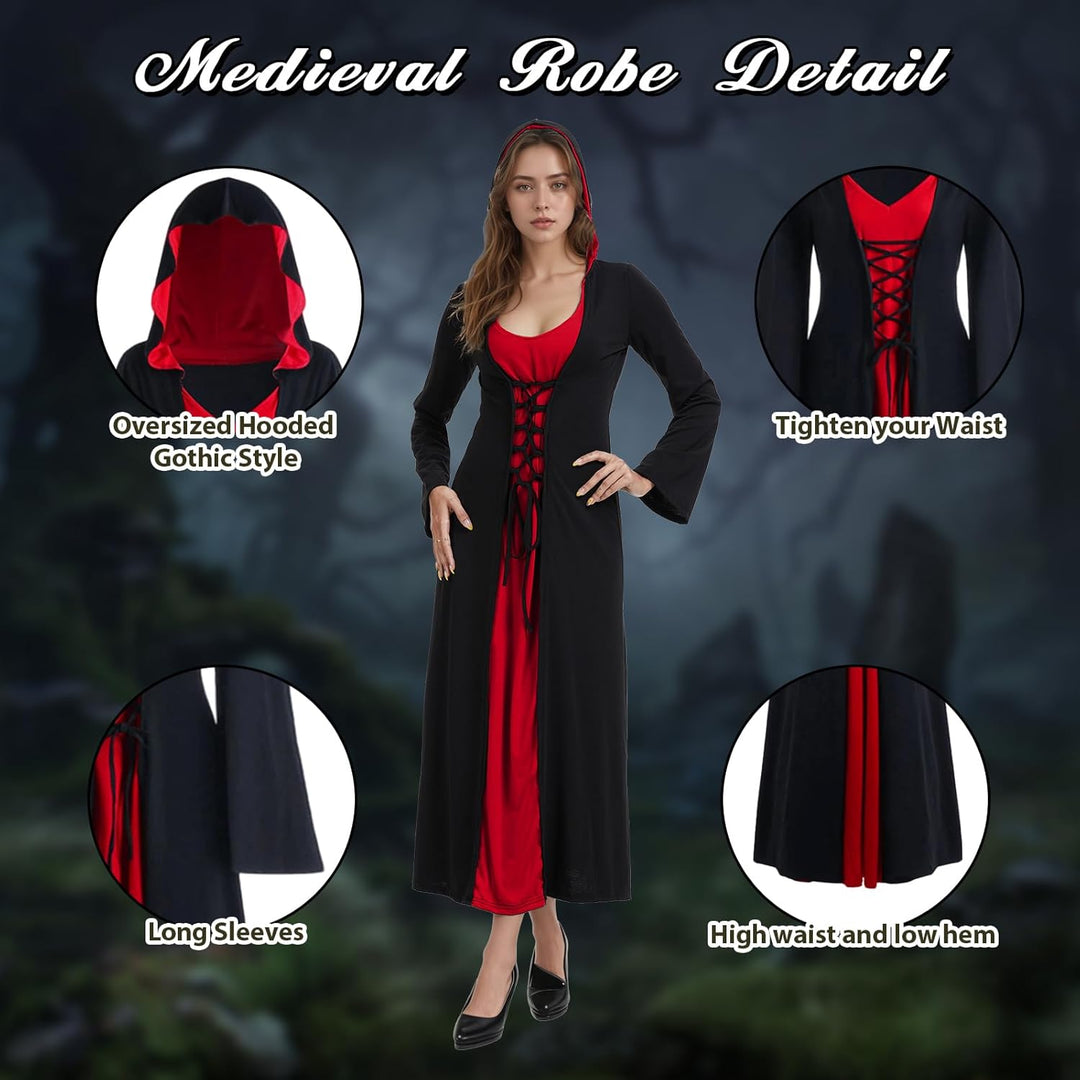 FSUJWOA Frauen Halloween Kostüme für Erwachsene mittelalterlich Kapuze Maxi Kleid für Frauen Mode Ro