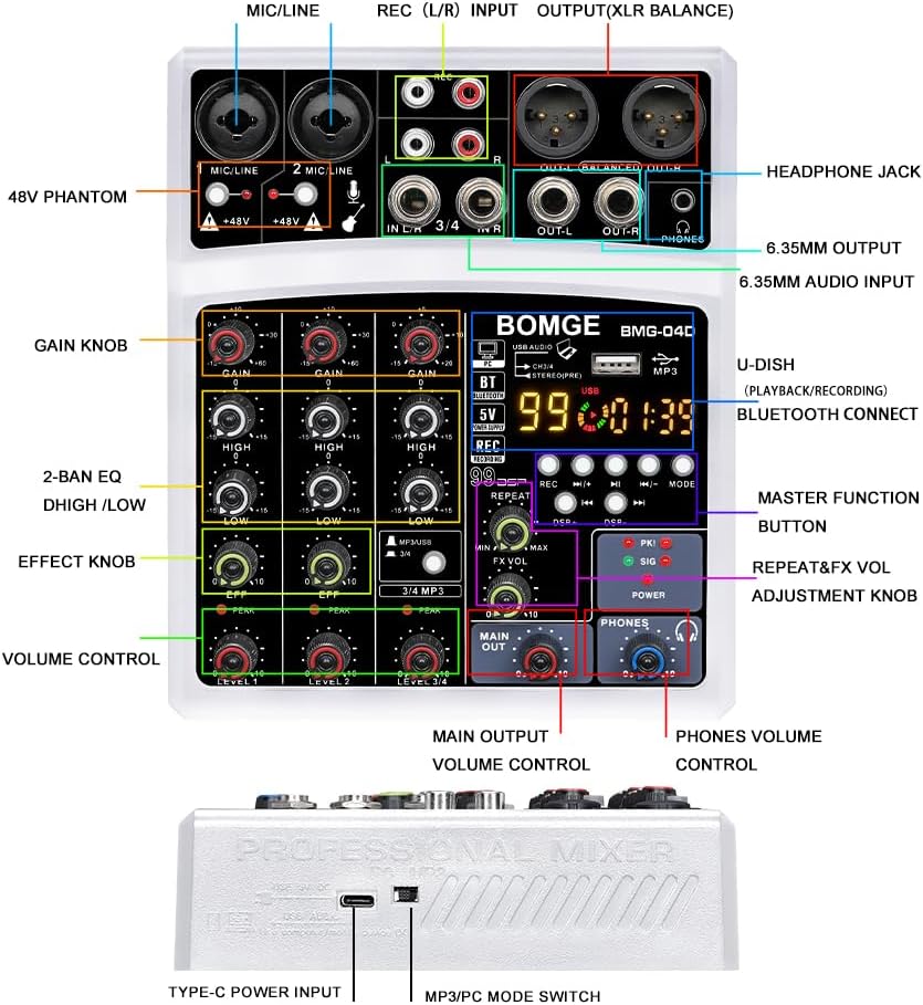BOMGE DJ-Audio-Mischpult, 4-Kanal, 16 DSP Echo, Sound-Schnittstelle, Mischkonsole, Karaoke, mit MP3,