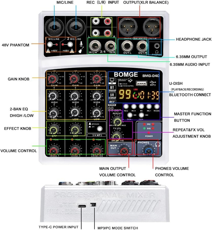 BOMGE DJ-Audio-Mischpult, 4-Kanal, 16 DSP Echo, Sound-Schnittstelle, Mischkonsole, Karaoke, mit MP3,
