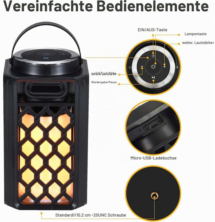 Bluetooth Lautsprecher mit LED Flammenlicht, Tragbare Outdoor Lautsprecher, IP65 Wasserdicht, Stereo