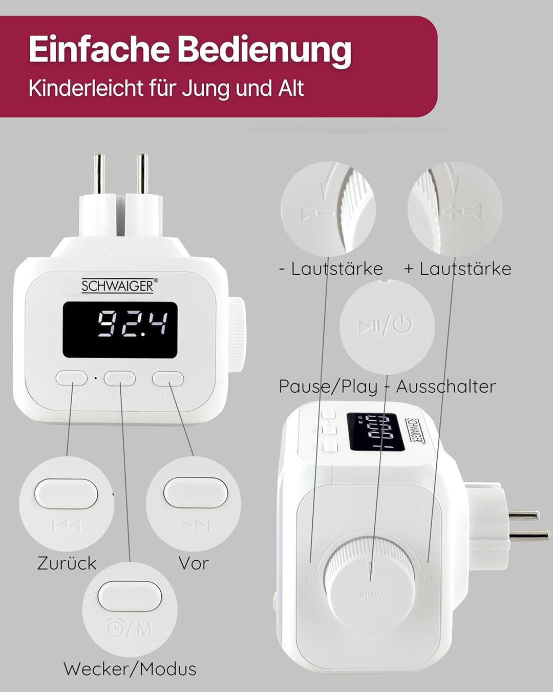 SCHWAIGER RAFM0100 Steckdosenradio Badezimmerradio Radio Steckdose FM Bluetooth Steckdosenlautsprech