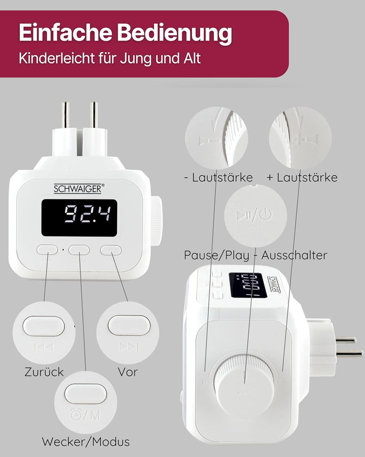 SCHWAIGER RAFM0100 Steckdosenradio Badezimmerradio Radio Steckdose FM Bluetooth Steckdosenlautsprech