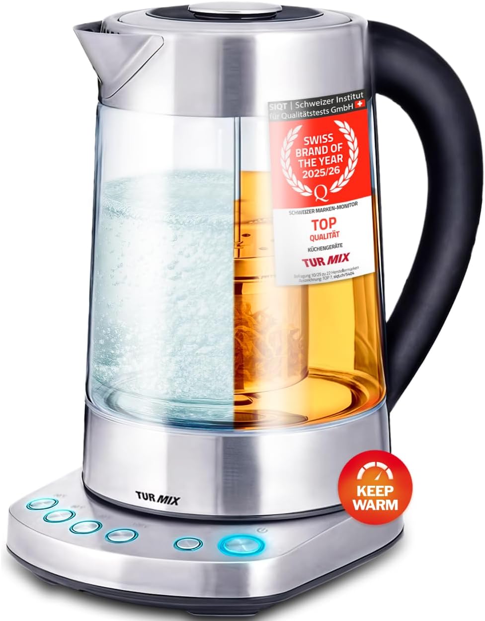 TURMIX 2in1 Teekocher elektrisch mit Wasserkocher Glas 2200W 1,5L Silber, Temperatureinstellung 70–1