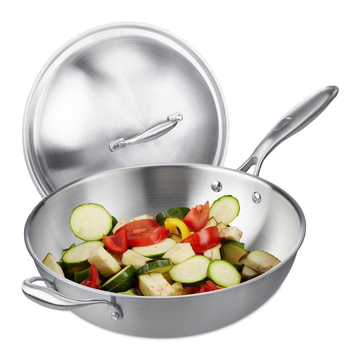Relaxdays Wok, 32 cm, Edelstahl unbeschichtet, Gas-, Elektro-, Induktionsherd, Wokpfanne mit Deckel