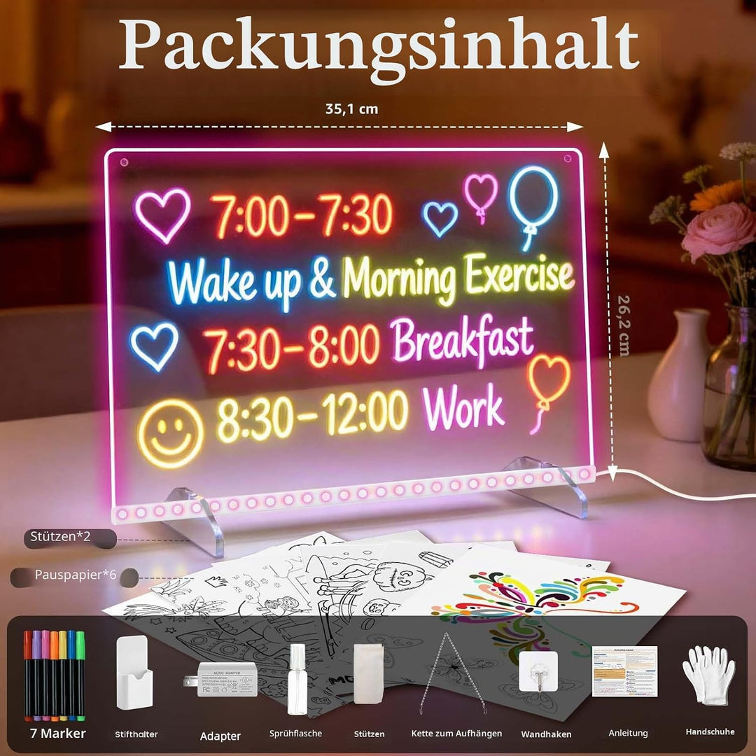 Leuchtendes LED Zeichenbrett für Kinder, Led Zeichentafel mit 13 Farben & 6 Modi mit Schalter 35x25