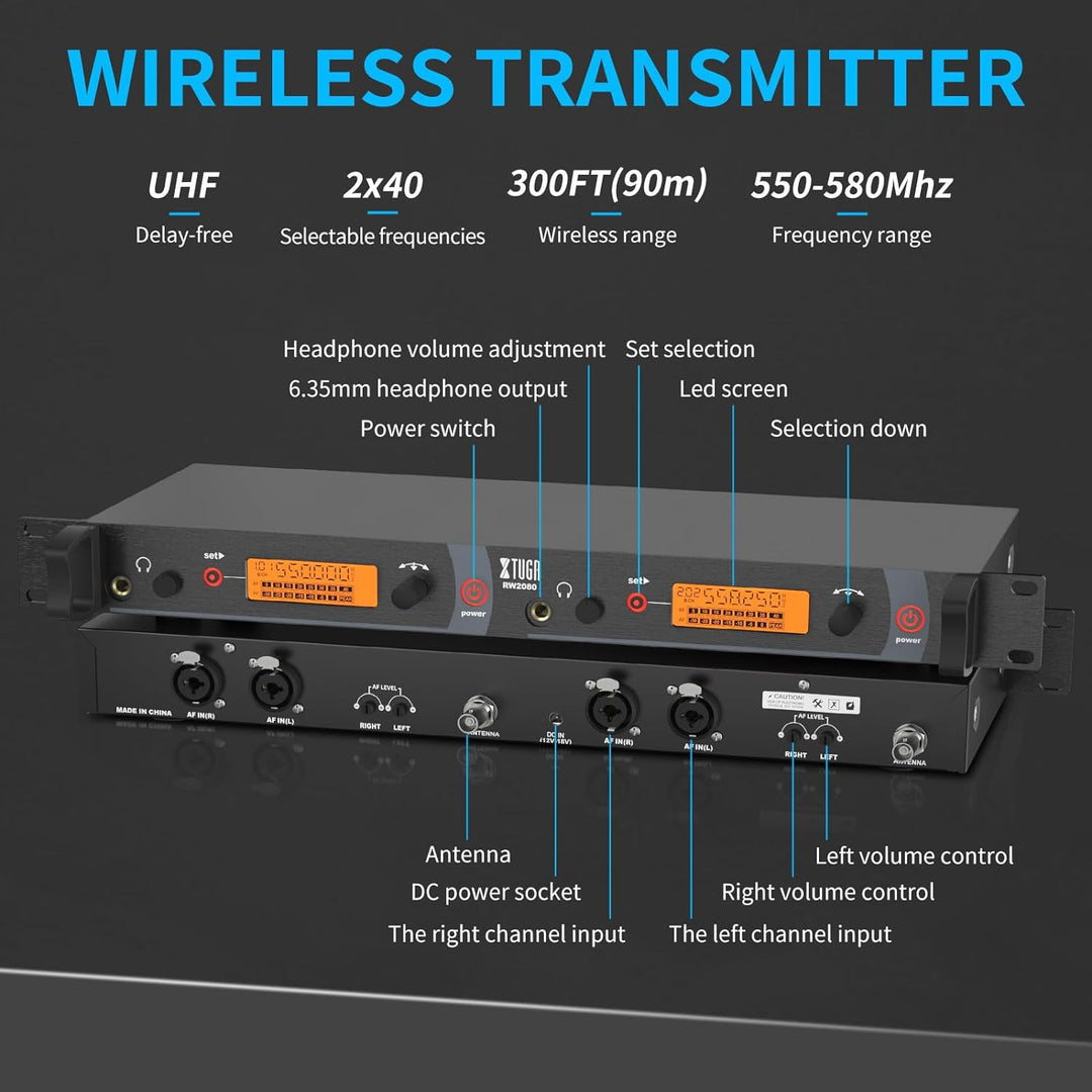 XTUGA RW2080 Rocket Audio Ganzmetall Wireless In-Ear Monitor System 2 Kanal 4 Bodypack Überwachung m