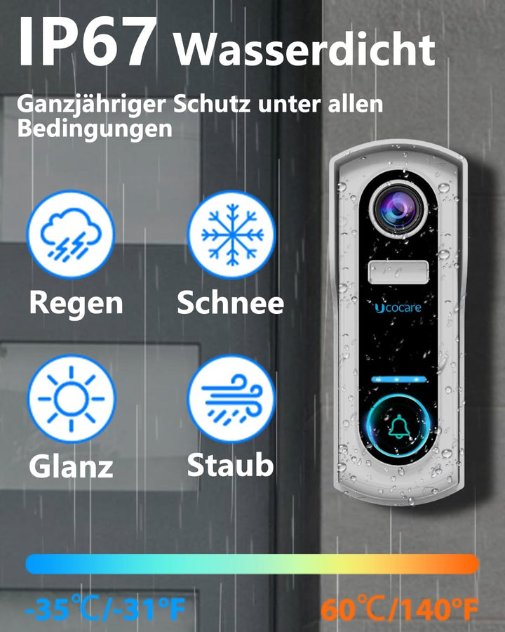 WLAN Video Türklingel mit Kamera, UCOCARE 2K 4MP Video, Nachtsicht, IP67, SD &amp; Cloud Speicher, Video