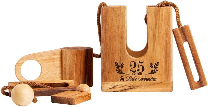Casa Vivente Flaschen-Puzzle - Geduldspiel aus Edelholz mit Gravur zur Silber Hochzeit – 25 Jahre in