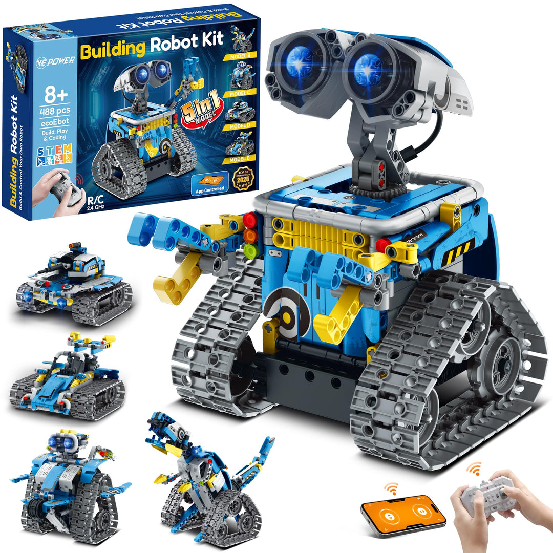 VEPOWER Roboter Kinder für Jungen, 5 in 1 Technik Ferngesteuert Bauspielzeug mit App Programmierbar,