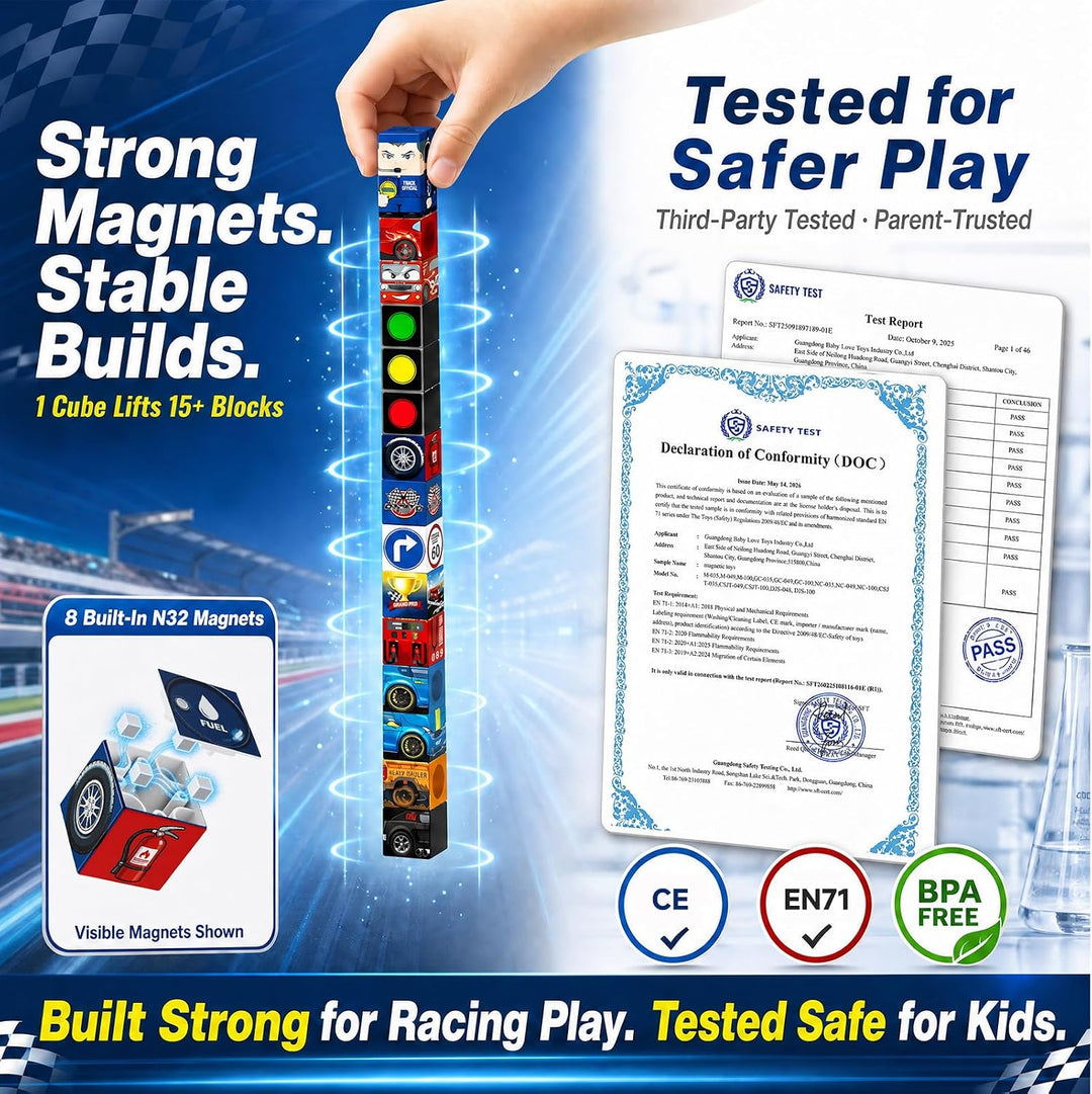 Magnetbausteine Jungen Reise: 48pcs Rennsport-Set in Reise Metalldose – N32 Starke Magnete für siche