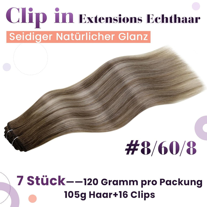 LaaVoo Echthaar Clip in Extensions Blond Balayage Haarverlängerung Echthaar Clip in Doppelt Tressen