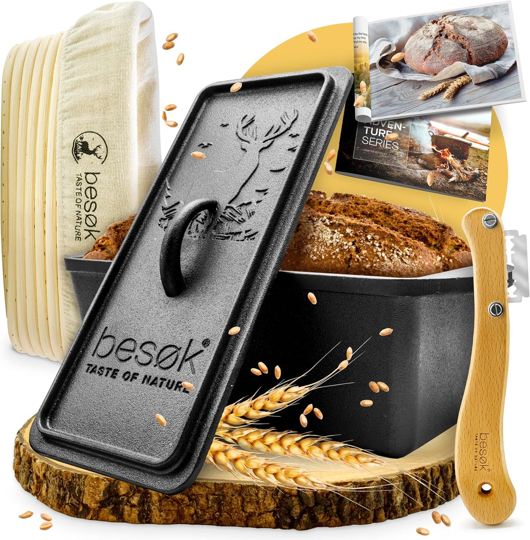 besok Brotbackform mit Deckel, Gärkorb & Teigmesser - Gusseisen Backform Brot backen Zubehör - Kaste