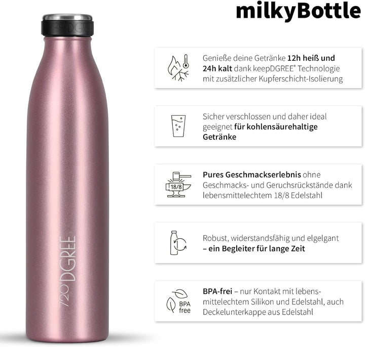 720°DGREE Edelstahl Trinkflasche “milkyBottle” - 750ml - BPA-Frei, Auslaufsicher, Kohlensäure geeign