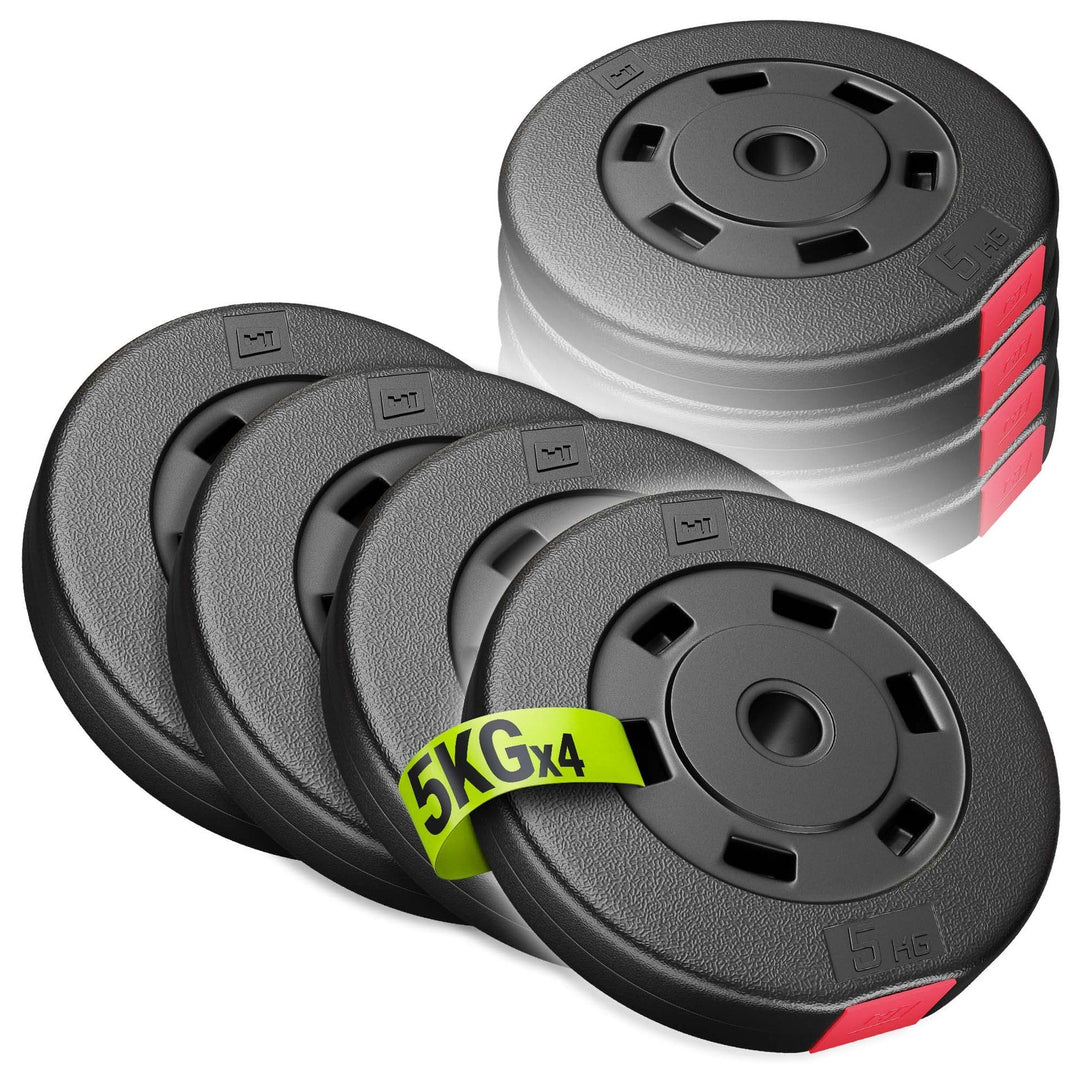 Hop-Sport Hantelscheiben-Set 5, 10, 20, 30 kg Kunststoff Gewichte 30 mm Hanteln Gewichtsscheiben 4x5