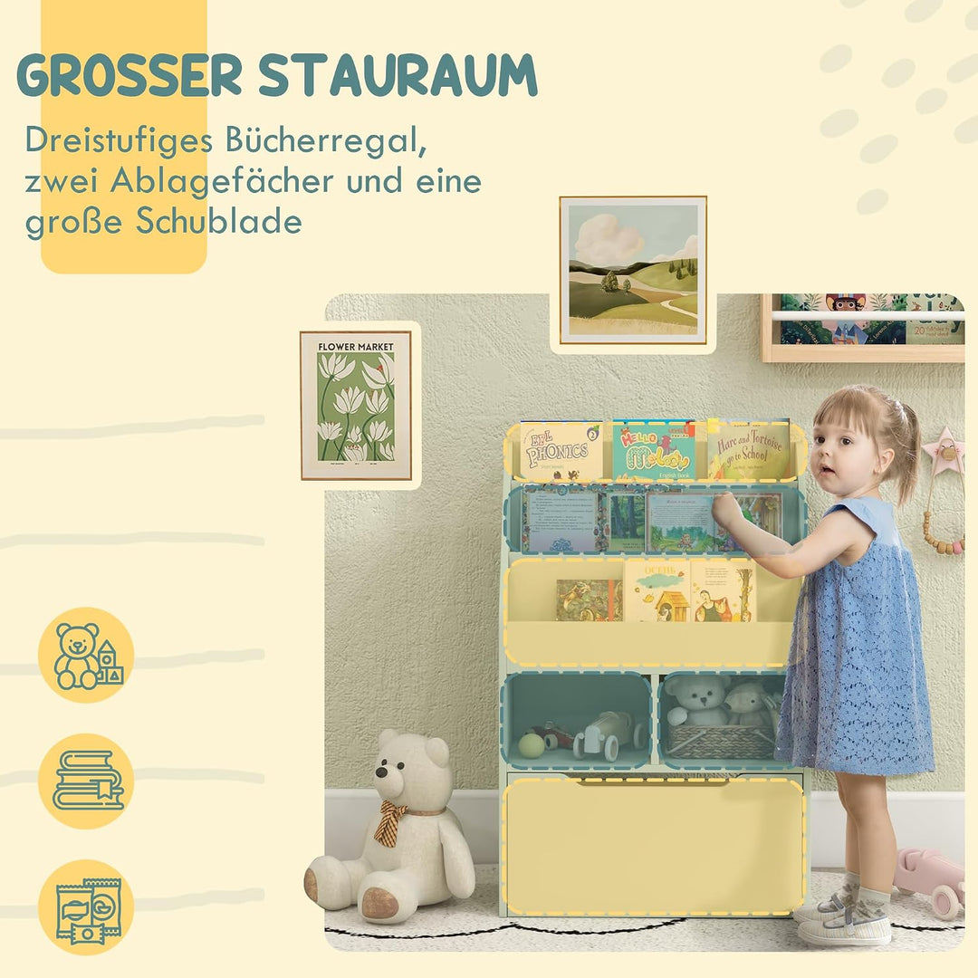 HOMCOM Kinder Bücherregal Kinderregal mit Schublade, 3 Ablagefächern und 2 offenen Fächern, Aufbewah