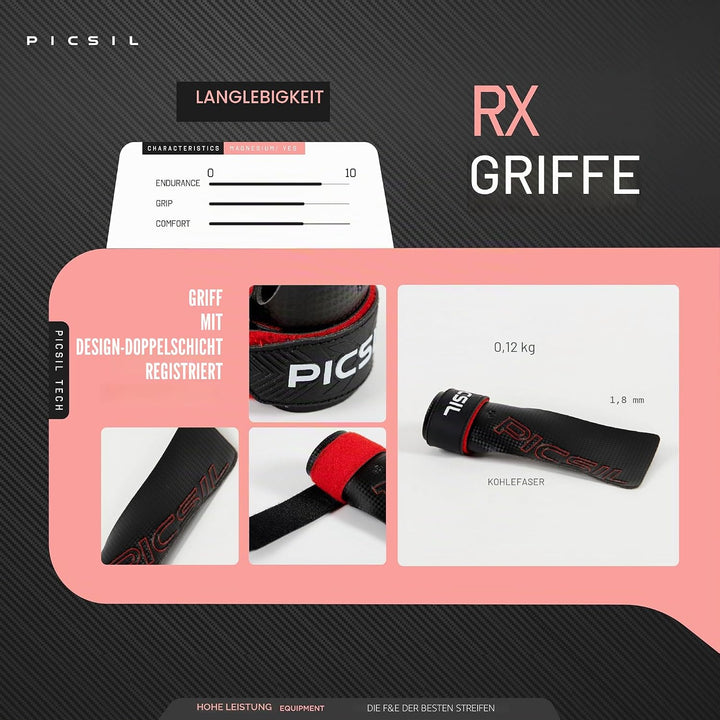 PICSIL RX Hand Grips – Profi‑Griffpolster aus Carbonfaser in Profi‑Qualität, Chalk‑kompatibel & Hand