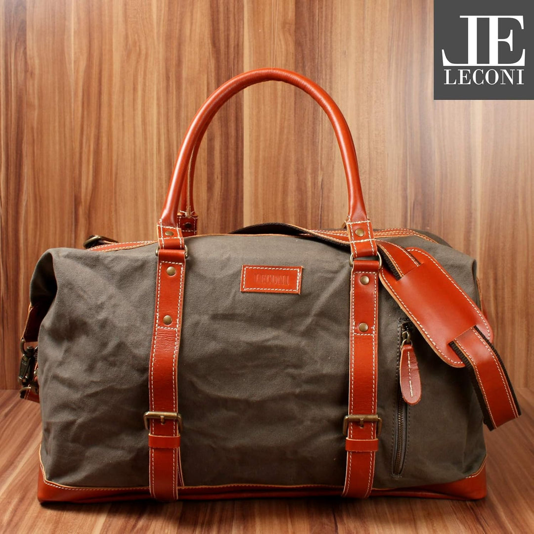 LECONI Weekender gross Canvas + Echt-Leder Retro Reisetasche Unisex Damen + Herren Sporttasche Reise
