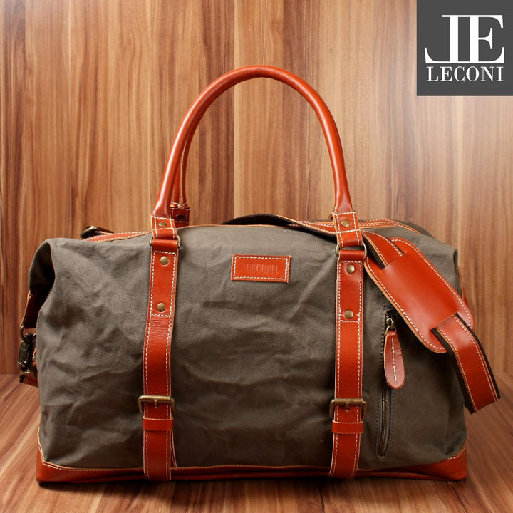 LECONI Weekender gross Canvas + Echt-Leder Retro Reisetasche Unisex Damen + Herren Sporttasche Reise