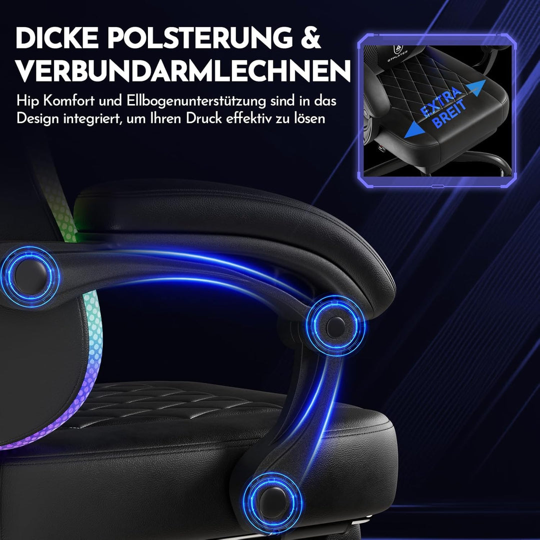 GTPLAYER Gaming Stuhl, Bürostuhl, Gaming Chair mit LED Lichtleiste, Gamer Stuhl, Rückenlehne mit Auf