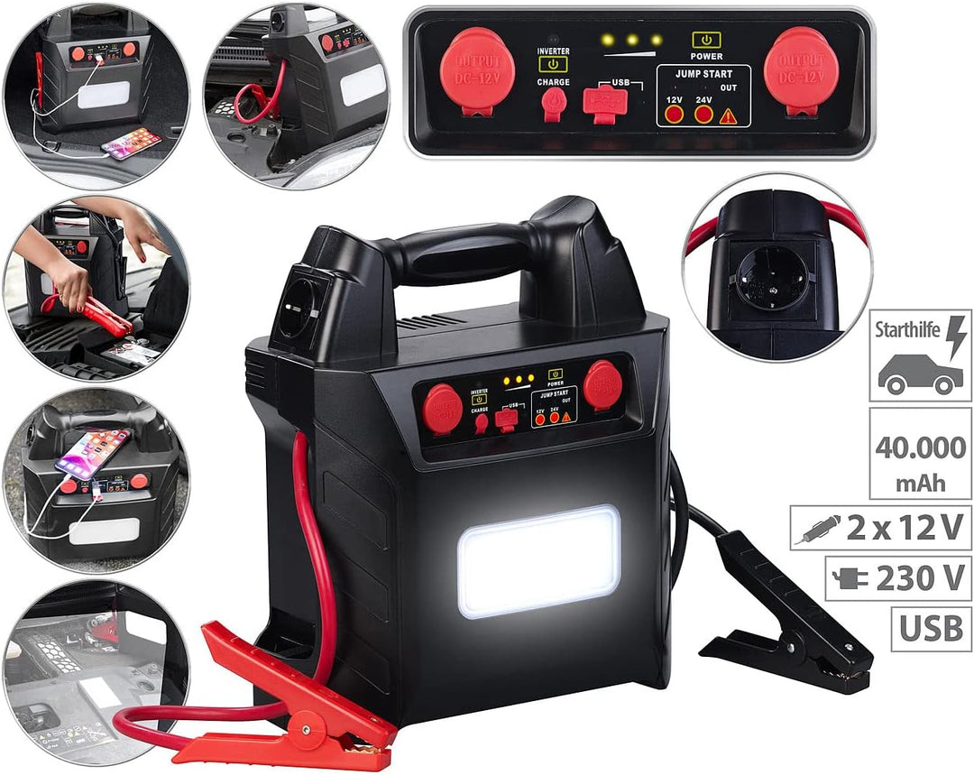 revolt Autostarter: 5in1-Starthilfe für 12/24V & Powerbank, 230 V, 2x12V, USB, 40Ah, 2000A (Kfz Star