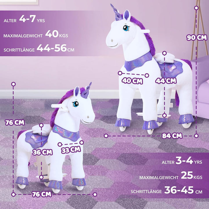 PonyCycle® Einhorn Reitpferd | für Kinder 4–7 Jahre, 90cm | Lila Plüsch Schaukelpferd auf Rollen mit