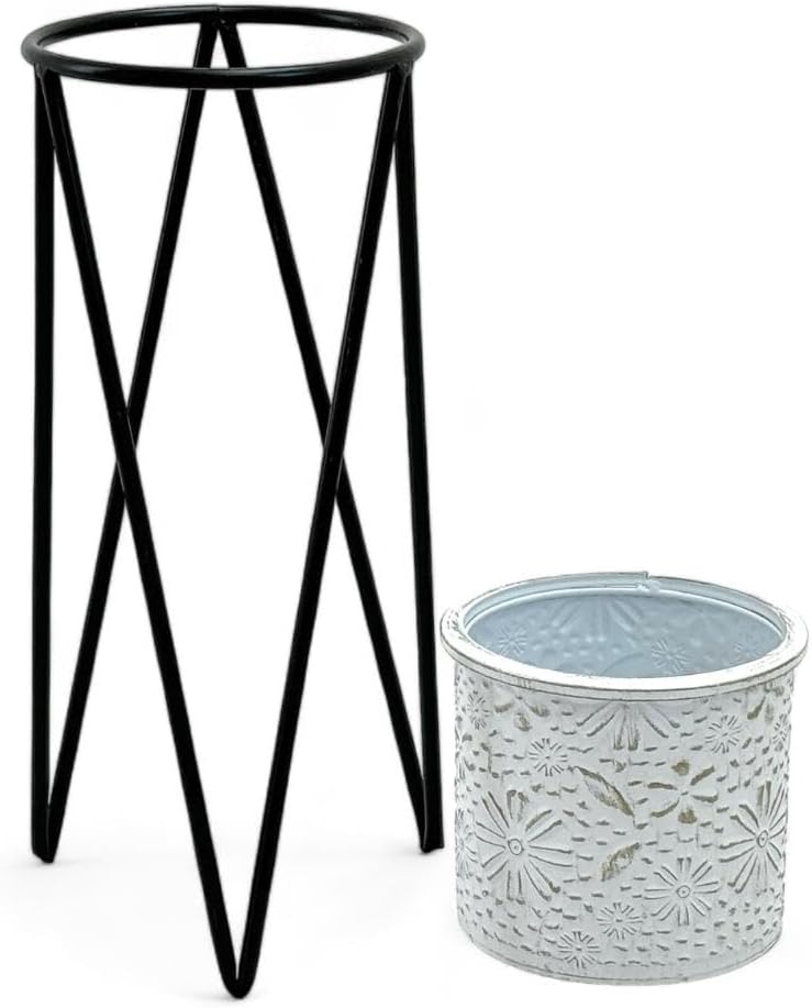 DanDiBo Blumenhocker mit Topf Metall Schwarz Weiss S 50 cm Blumenständer 96043 Blumensäule Modern Pf