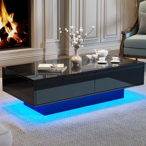 Merax Moderner Schwarzer Hochglanz-Couchtisch mit LED-Beleuchtung und 2 Schubladen – 115x55x34 cm, K