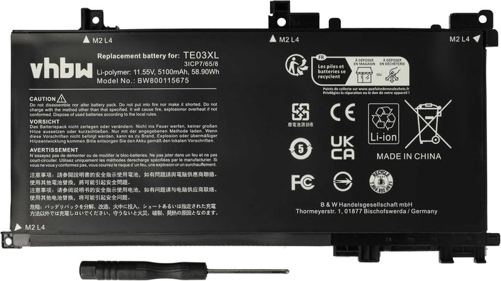 vhbw Akku kompatibel mit HP Omen 15-AX048TX, 15-AX050NW, 15-AX053NF, 15-AX054NW Notebook (5100mAh, 1