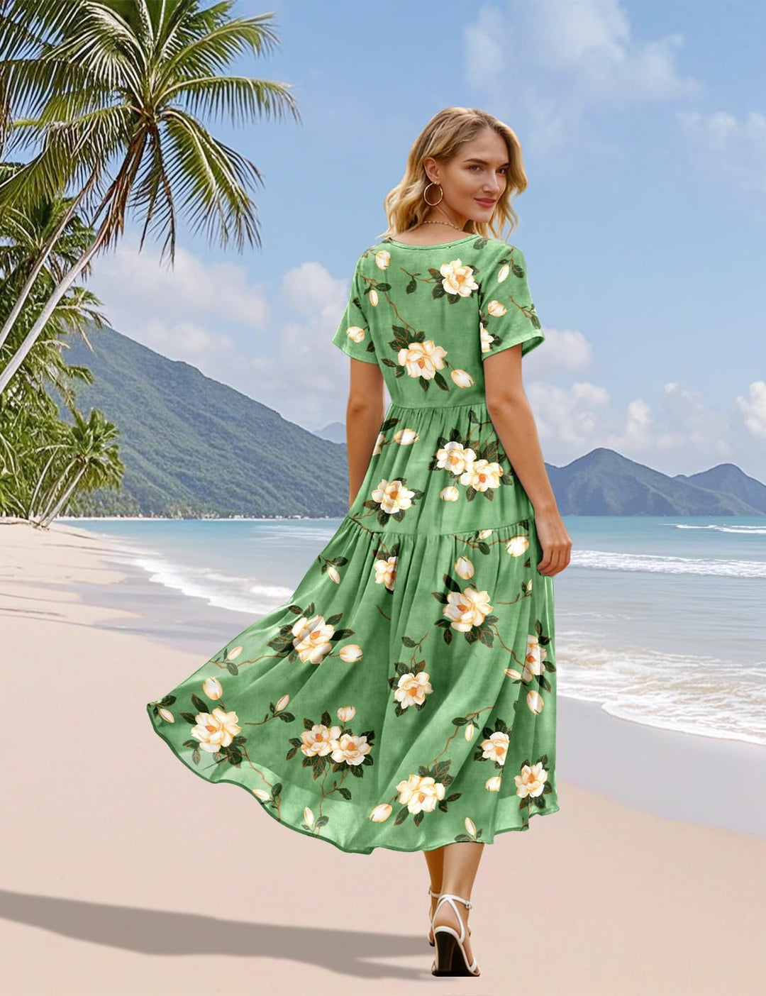 YESNO Damen Kleider Freizeit Lose Sommerkleid Lang Boho Maxikleid für Rundhals Strandkleid Blumenkle