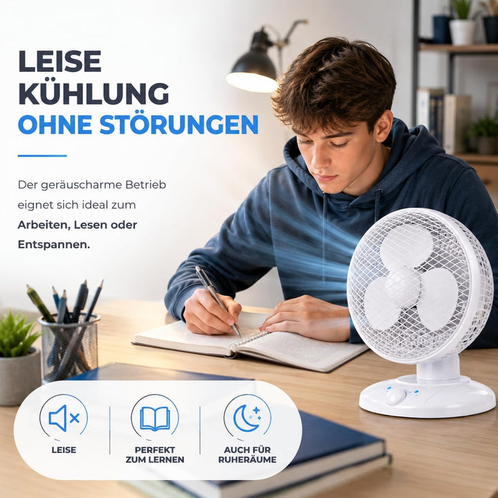 Leiser Tischventilator (30 cm) mit 90° Schwenkfunktion Ventilator – tragbares Design, 3 Leistungsstu