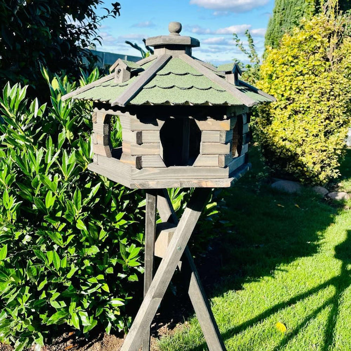 DARLUX Vogelfutterhaus XL Sechseck Vogelhaus + Ständer Futterstelle Braun/Grün XL mit Ständer Dunkel