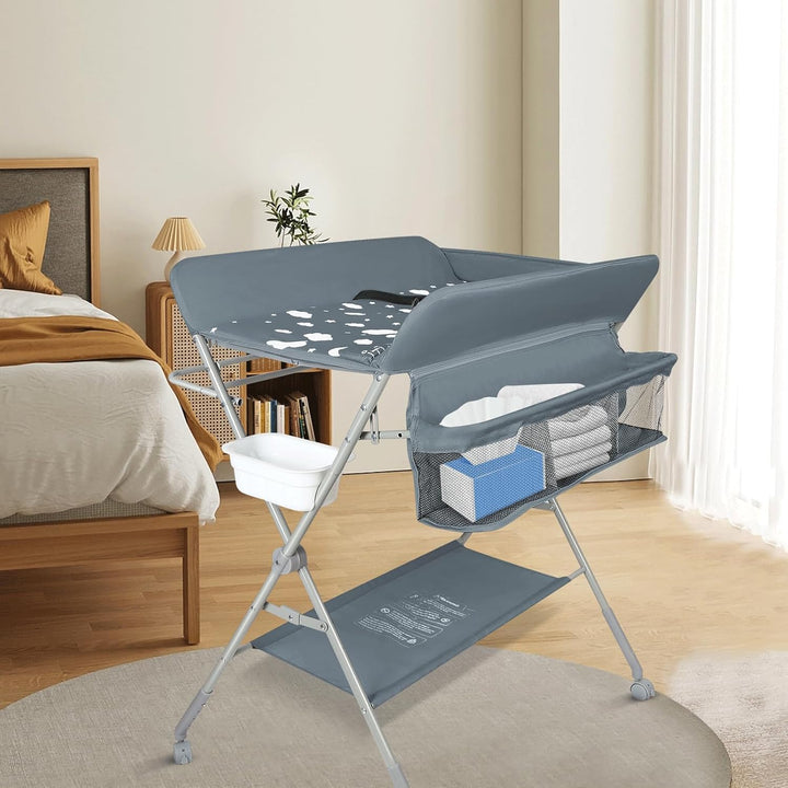 OHMG Baby Wickelkombi Klappbare Wickelkommode,Wickeltisch mit Rollen,Mobiler Wickeltisch mit Wickela