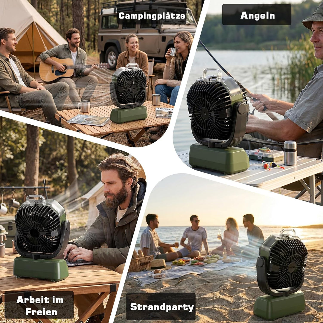 20000mAh Camping Ventilator Akku mit Licht, 0-100 Stufen Regelbar Outdoor Ventilator mit Sprühfunkti