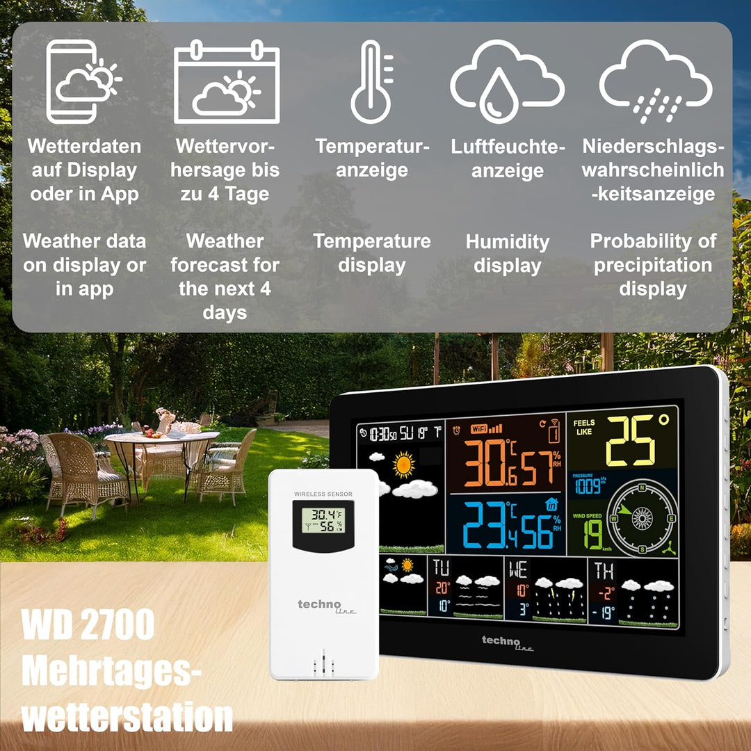 Technoline WLAN WD2700, kostenlose DirektWetter App, 4-Tages-Vorhersage, Innen- und Aussentemperatur