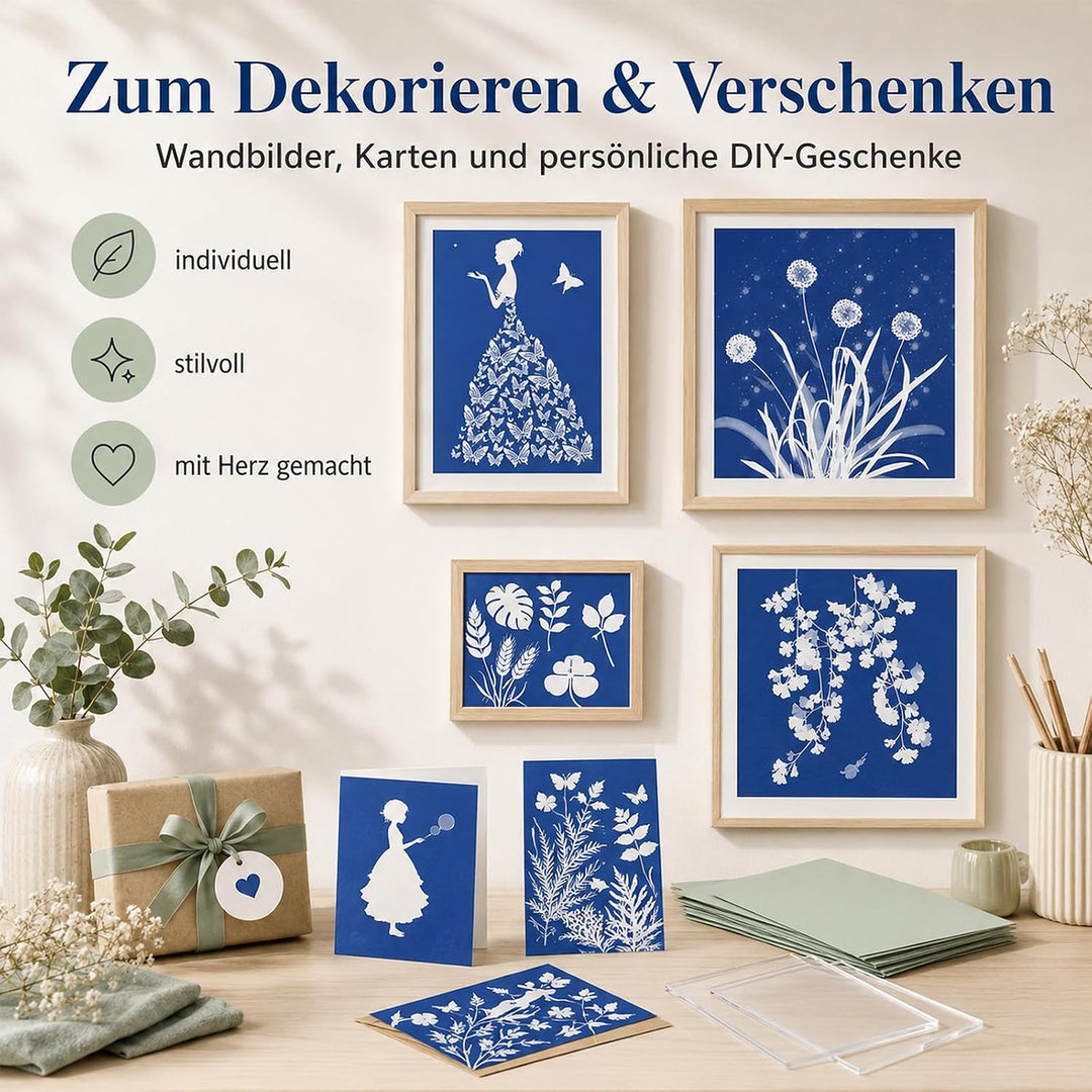 38 Cyanotypie Papier Kit A4 A5 Hochempfindliches Solar Druckpapier | 36 Sonne Papier mit 2 Acryltafe