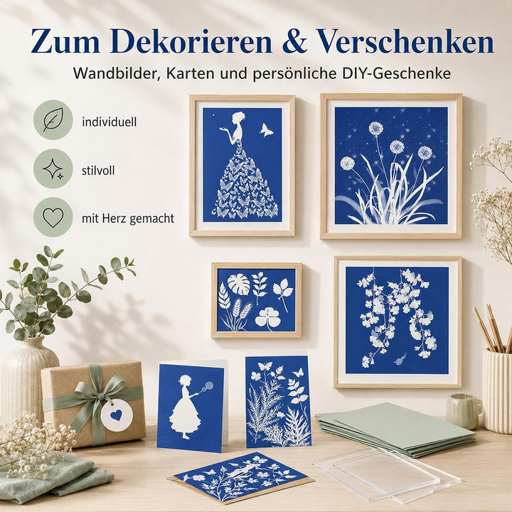 38 Cyanotypie Papier Kit A4 A5 Hochempfindliches Solar Druckpapier | 36 Sonne Papier mit 2 Acryltafe