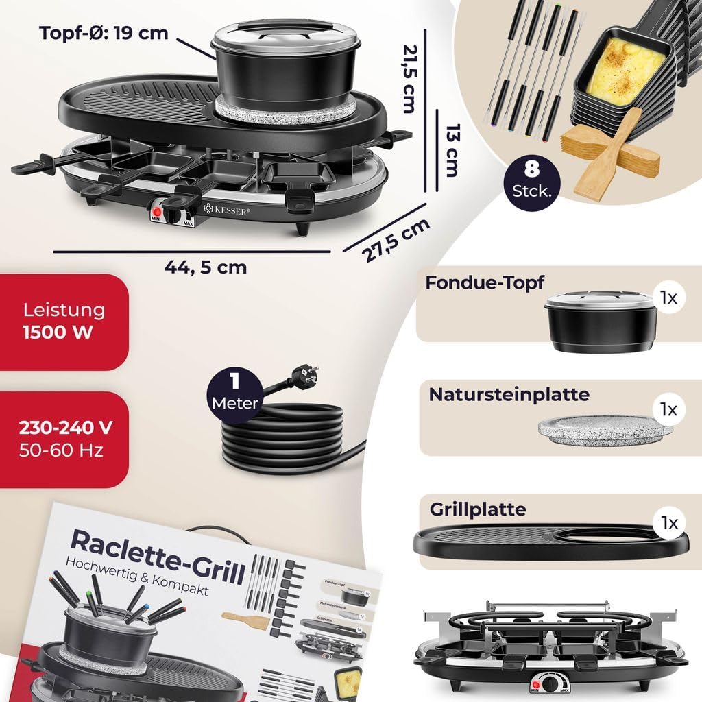 KESSER® 3in1 Raclette-Grill mit Naturgrillstein, Grillplatte und Fondue, Tischgrill für 8 Personen,