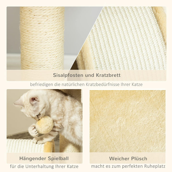 PawHut Kratzbaum mit Spielbällen, Katzenkratzbaum, Sisalseil-Kratzstangen, Beige, 36 x 36 x 44 cm Be