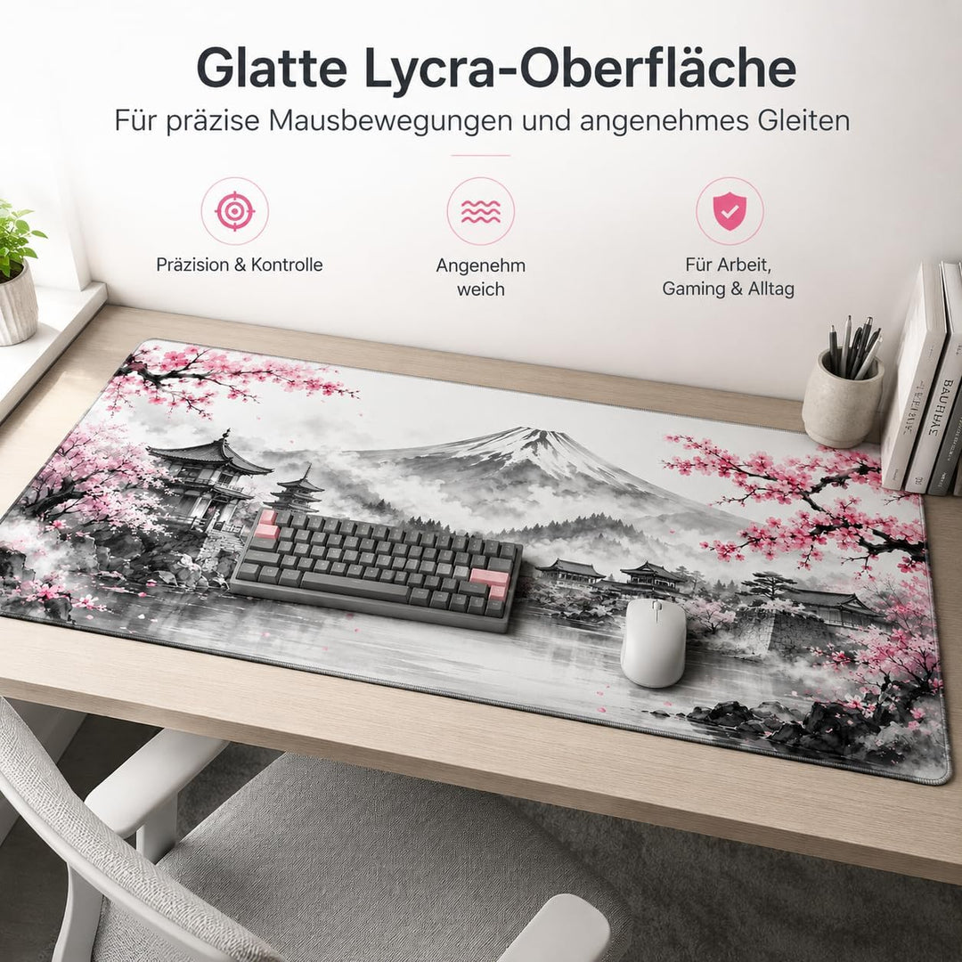 Schreibtischunterlage Mauspad XXL 900 x 400 mm, Japan Landschaft Gaming Mousepad mit rutschfester Gu