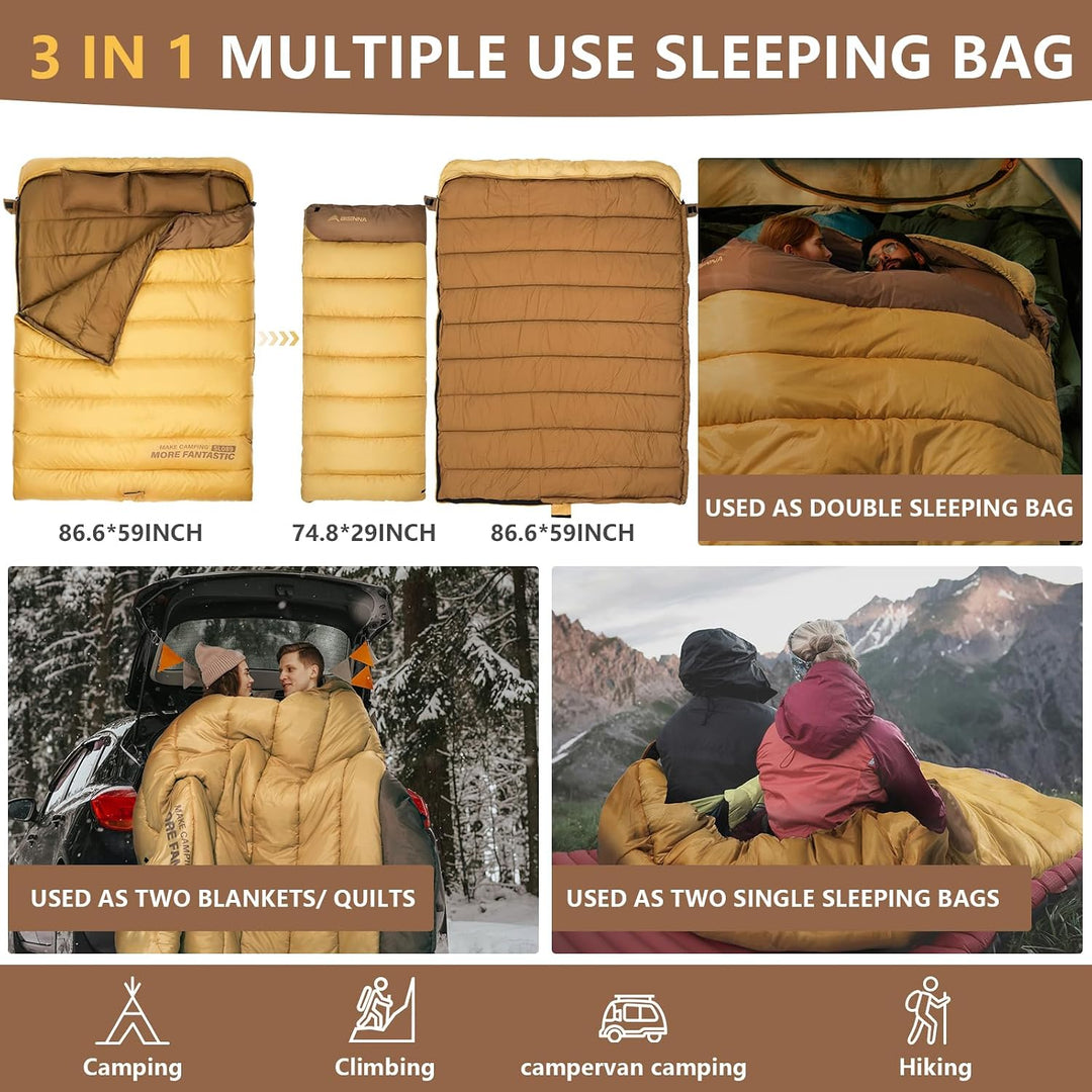 BISINNA Winter Doppelschlafsack für Erwachsene 2 Personen | Outdoor Warmer Schlafsack 3 Jahreszeiten