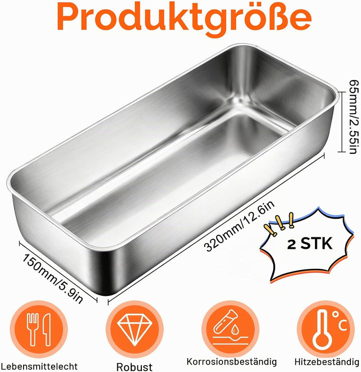 2 Stück Kastenform Kuchen Backform Rechteckig Brotbackform Edelstahl 32 x 15 x 6.5cm - 3,2L für Kuch