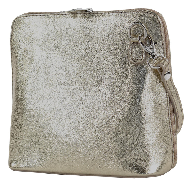 modamoda de - T94 - ital kleine Umhängetasche aus Glattleder Altgold-metallic, Altgold-metallic