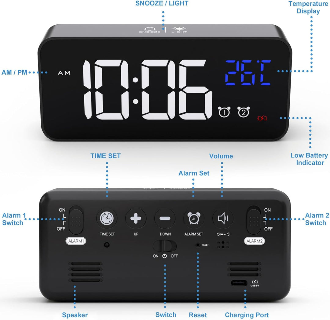 CHEREEKI Digitaler Wecker, LED Digitaluhr mit Temperaturanzeige Tragbarer Spiegelalarm Tischuhr mit