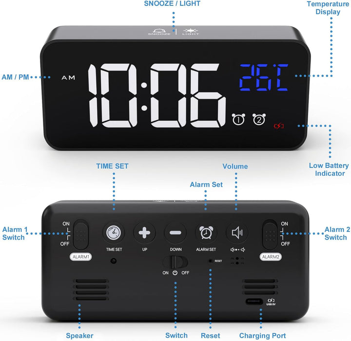 CHEREEKI Digitaler Wecker, LED Digitaluhr mit Temperaturanzeige Tragbarer Spiegelalarm Tischuhr mit