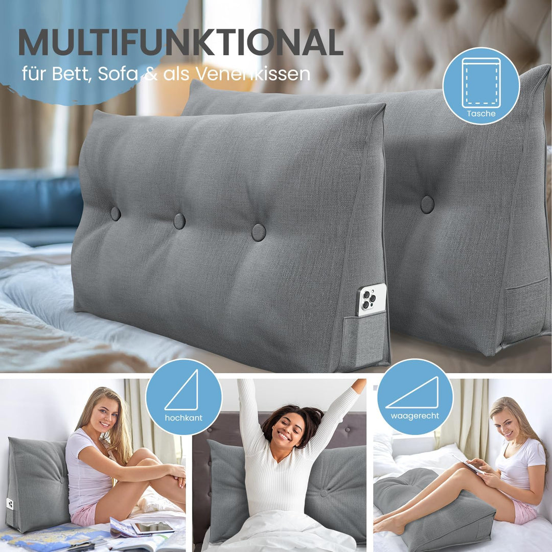 ELONEO Rückenkissen 90 cm breit, Keilkissen für Bett und Sofa geeignet, dreieckiges Lesekissen, Kiss