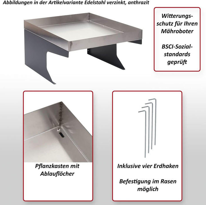 Mähroboter-Garage mit Pflanzkasten HWC-G60AM, Dach Unterstand für Rasenmäher, Metall 37x60x70cm - br