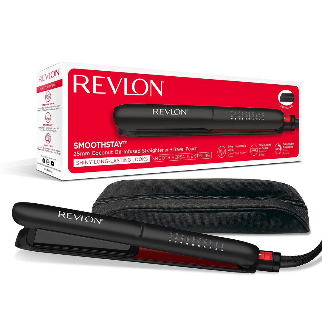 Revlon SmoothStay 25 mm Glätteisen mit Kokosnussöl-Infusion + Reisebeutel (schwimmende Platten mit a