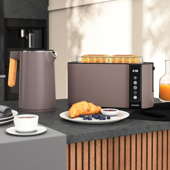 Arendo - Küchen Set - Edelstahl Wasserkocher mit Temperatureinstellung - Edelstahl Toaster Langschli