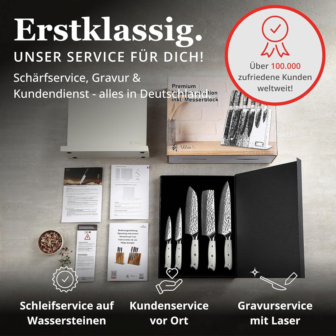 Wakoli Perle Blanche Damastmesser-Set mit Messerblock | 5-teilig, 9–20 cm Klingen aus 67 Lagen Damas